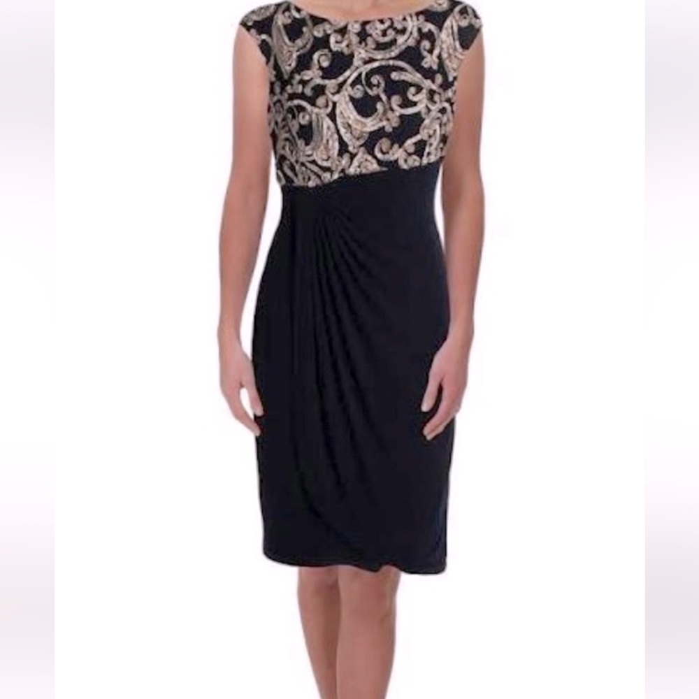 Connected Apparel Black Dress with Gold Ribbon Swirl Design and Rushed waist